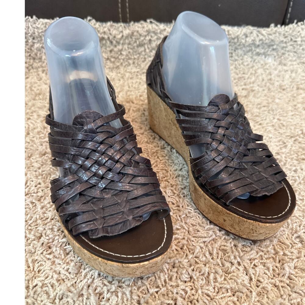 Tory Burch Killian Woven Leather Cork Wedge Huarache Platform Sandals 10 Brown